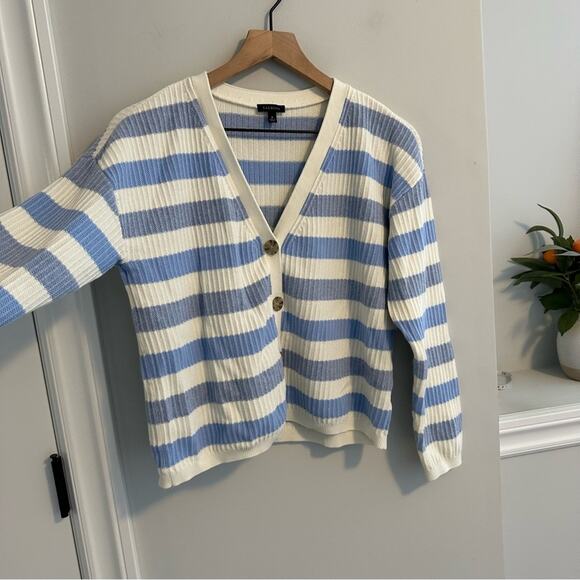 Talbots Blue White Striped Cardigan Sweater Medium - Picture 13 of 15